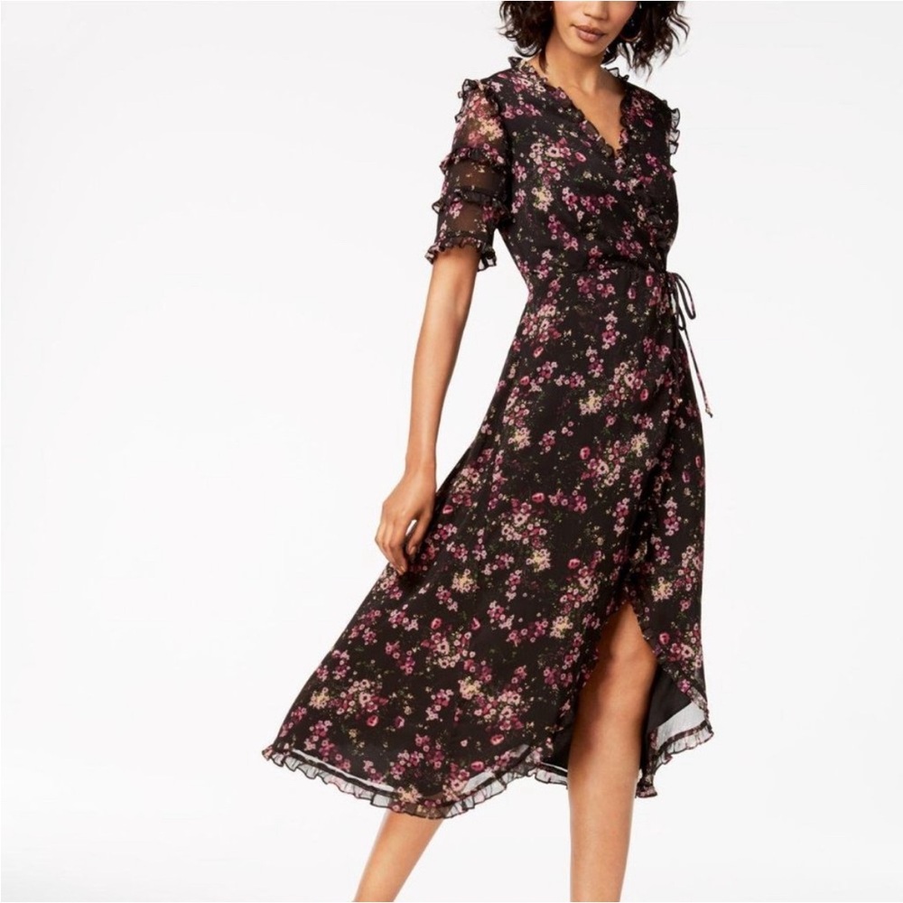 Amaryllis black floral ruffle wrap dress